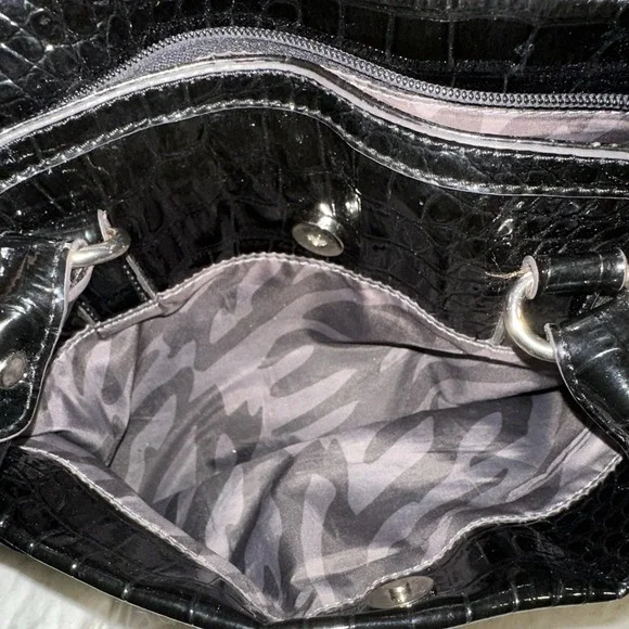 Anne Klein Black Croc-embossed Large Shoulder Bag Handbag Purse Gold‎ Hardware - Picture 10 of 12